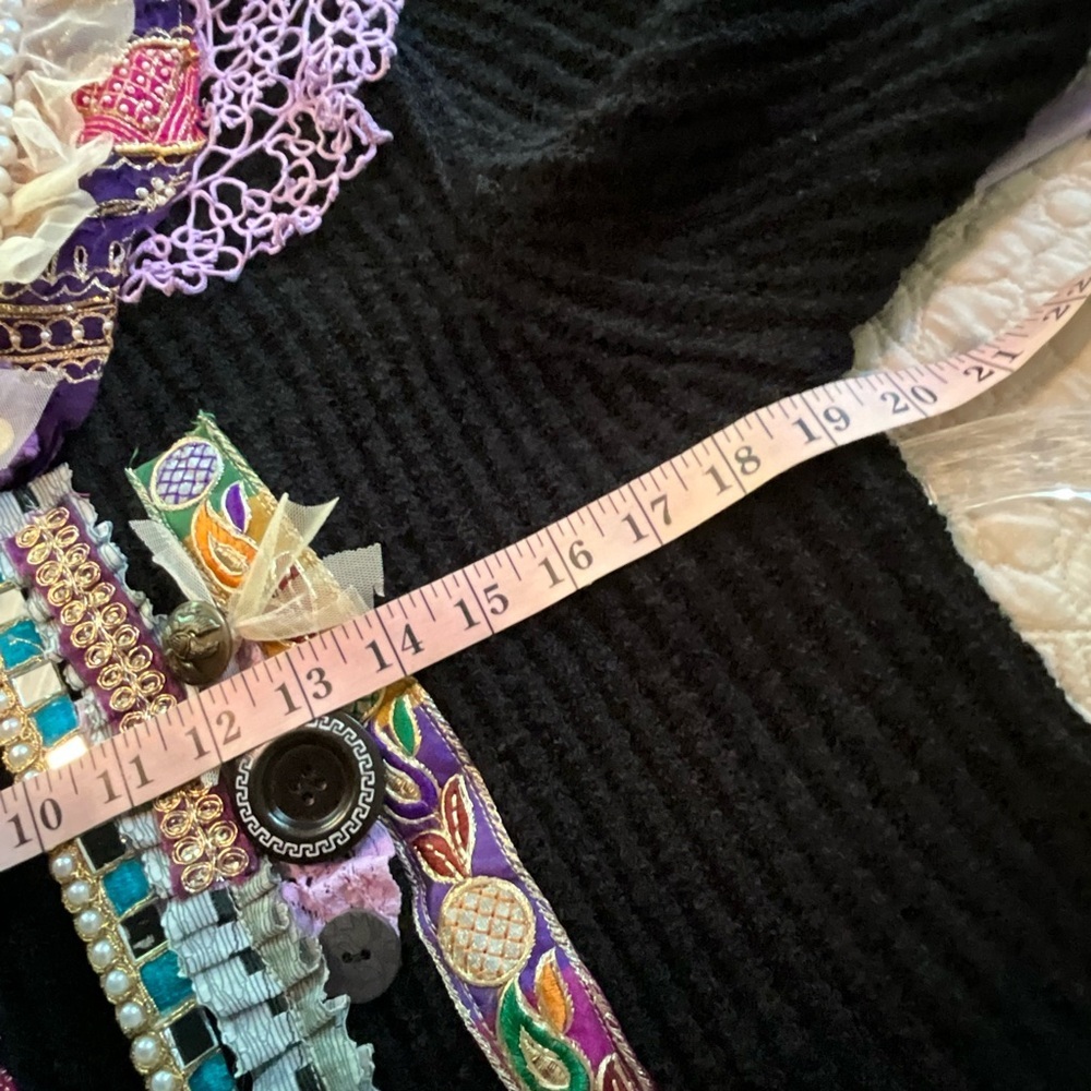 Mixed Media Upcycled Cardigan Sweater Purple Lace Pearl Embellished Black Large - Picture 4 of 5